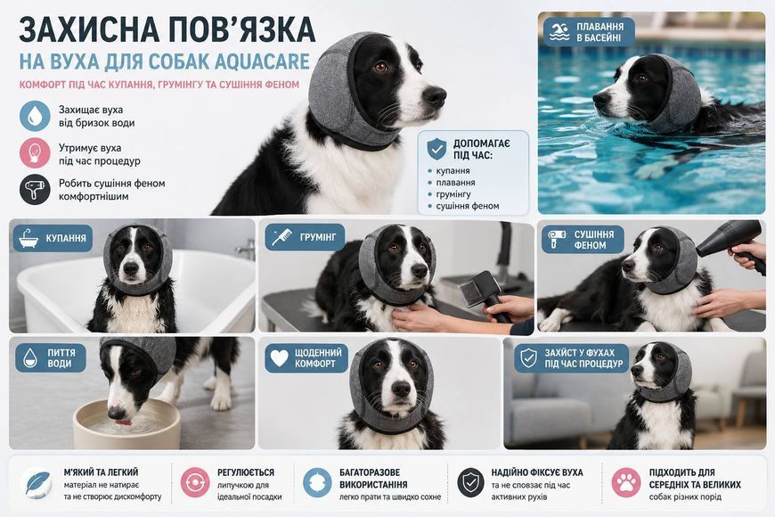Защитные наушники-повязка на уши для собак AquaCare &ndash; комфорт во время купания, груминга и сушки феном, серые, M 9581 фото