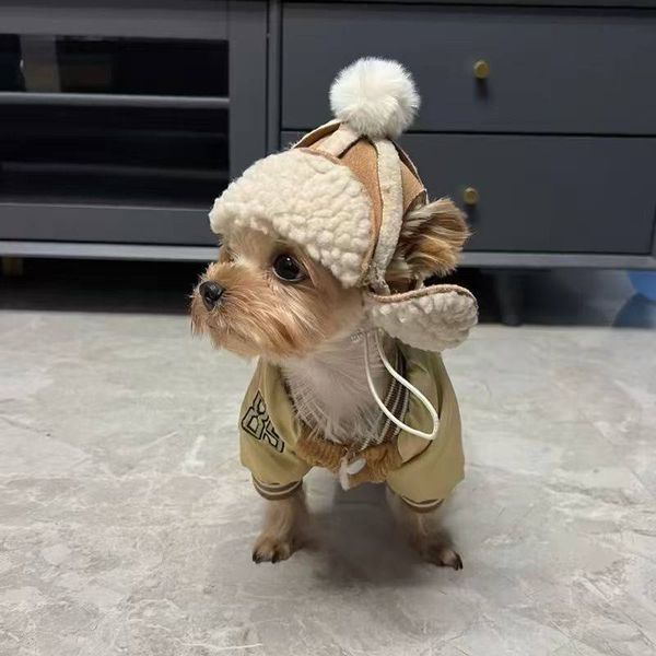 Теплая шапка-ушанка для собак Teddy Aviator с прорезями для ушей и помпоном, бежевая, M 6828 фото