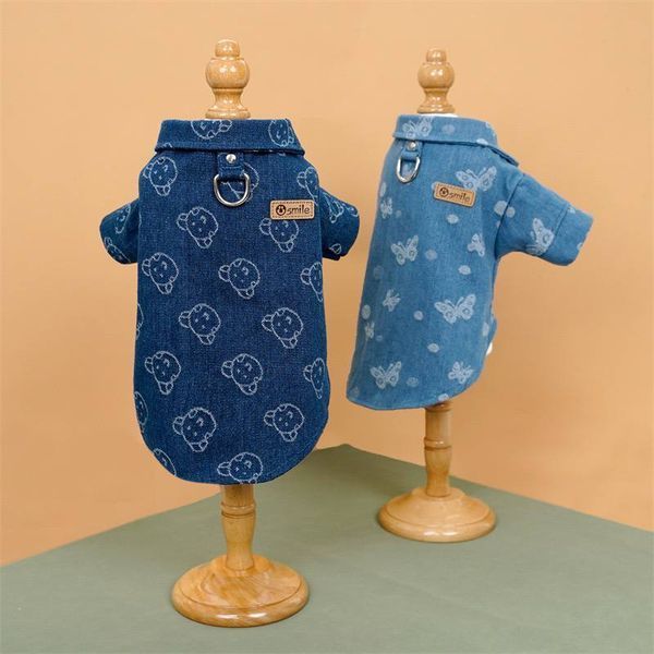Джинсова сорочка для собак Denim Style із комірцем, синя з метеликами, S 9640 фото