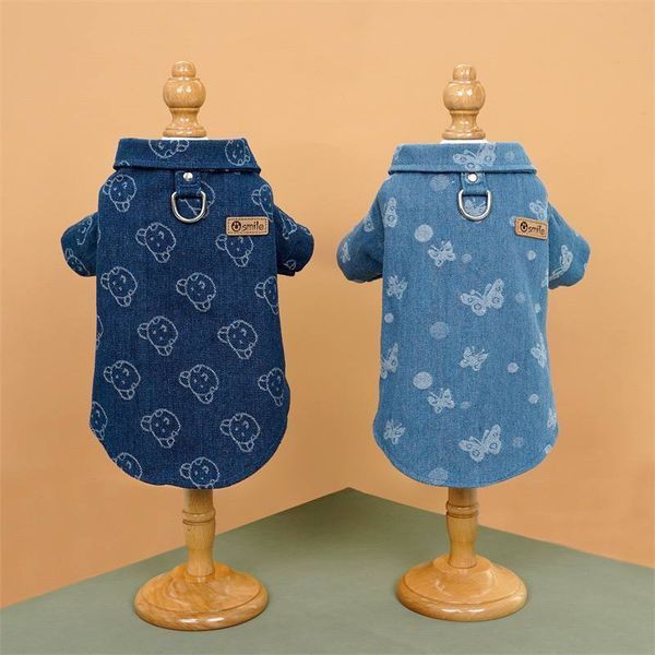 Джинсова сорочка для собак Denim Style із комірцем, синя з метеликами, S 9640 фото