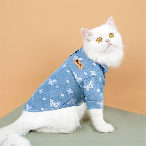 Джинсова сорочка для собак Denim Style із комірцем, синя з метеликами, S 9640 фото