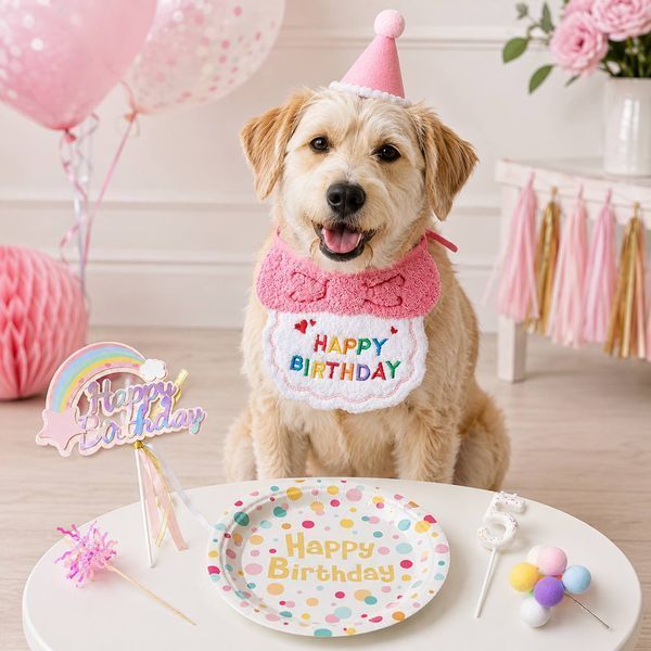 Святковий набір для дня народження собак і котів Happy Pawty &mdash; аксесуари для фотосесії, рожевий 2464 фото